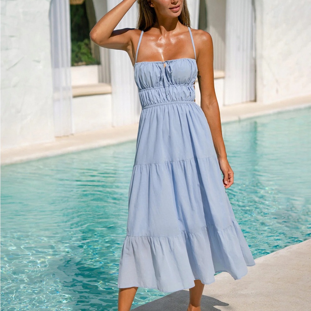 Backless Spaghetti-Strap Midi Dress - Light Blue - Picture 4 of 6